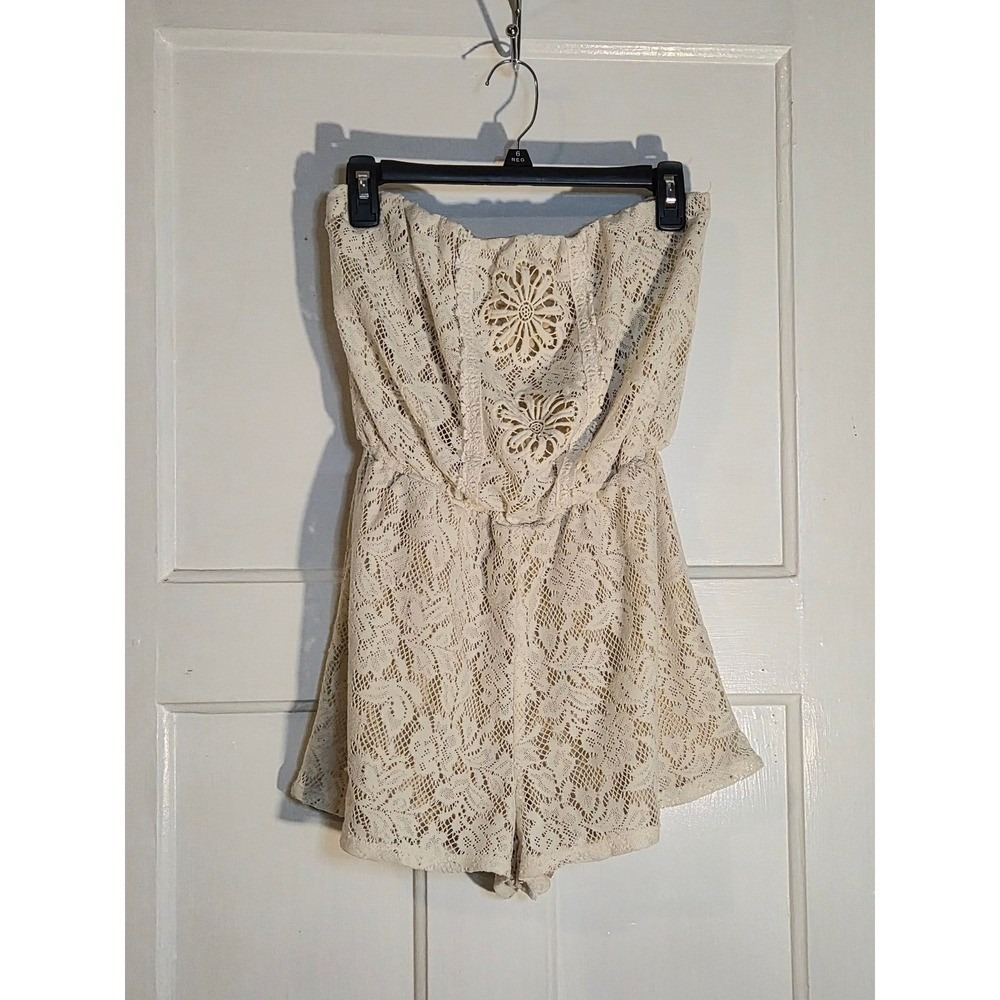 Three Pink Hearts Trixxi Lace Strapless Romper Natural Cream Boho Size M